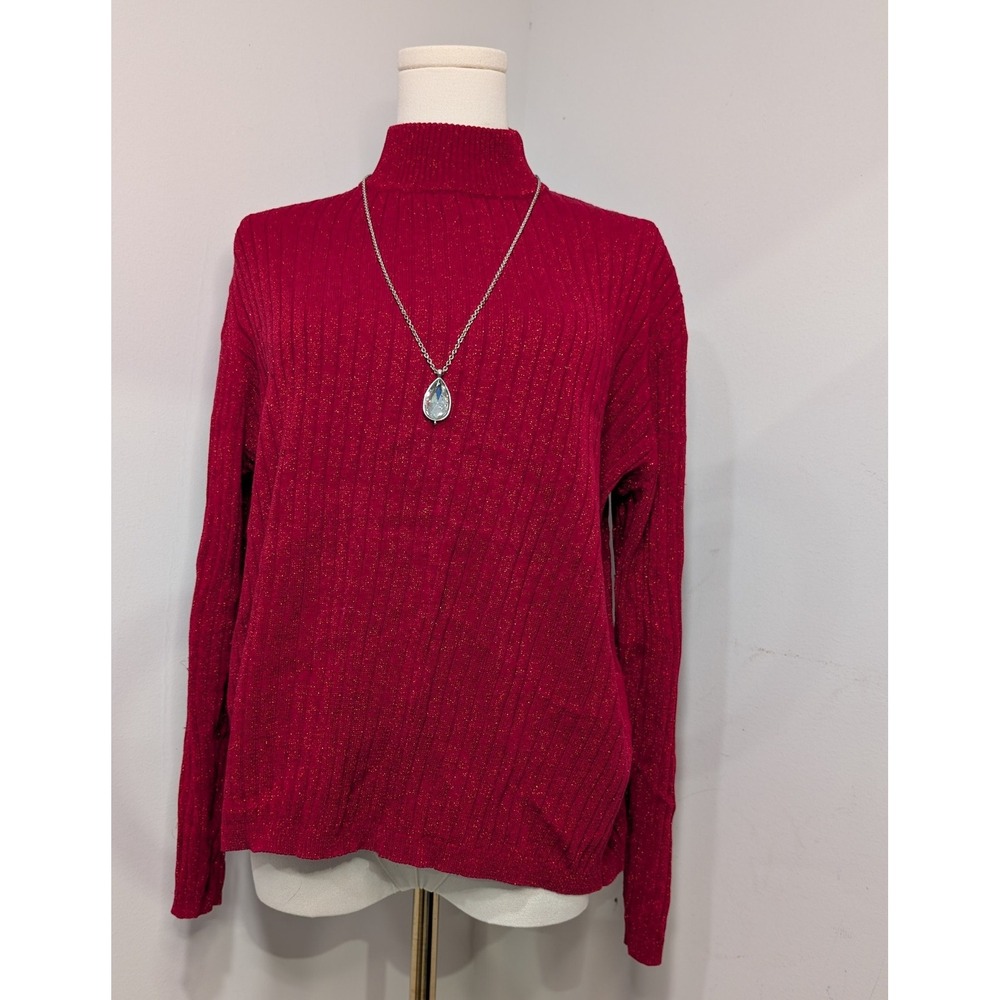 Studio Works Red Metallic Ribbed Mock Neck Silk Blend Sweater‎ Womens L